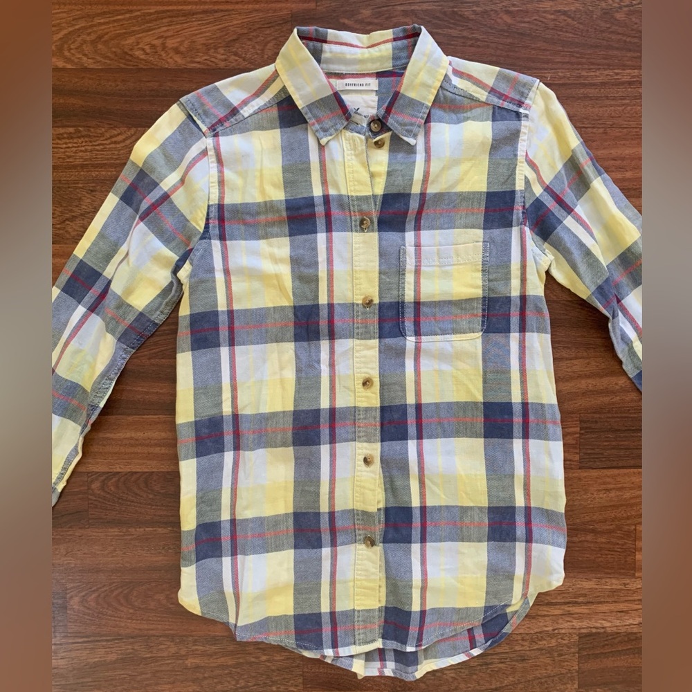American Eagle Outfitters Women XS Yellow Plaid Button Up Shirt Boyfriend Fit
